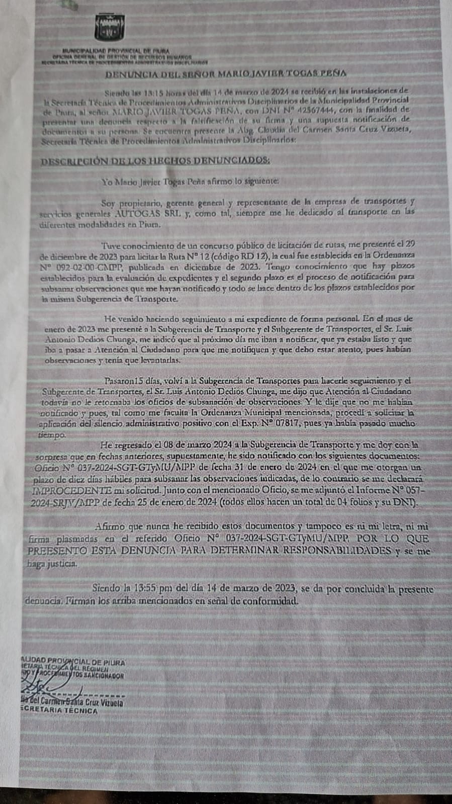 Piura: empresario denuncia falsificación de su firma en licitación de nuevas rutas de transporte