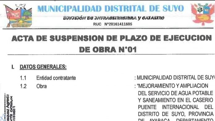 suyo Ayabaca: suspenden plazo de ejecución de obra porque supervisor tiene dengue