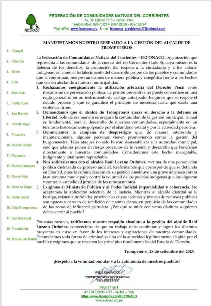 Loreto: Denuncian persecución contra alcalde de Trompeteros
