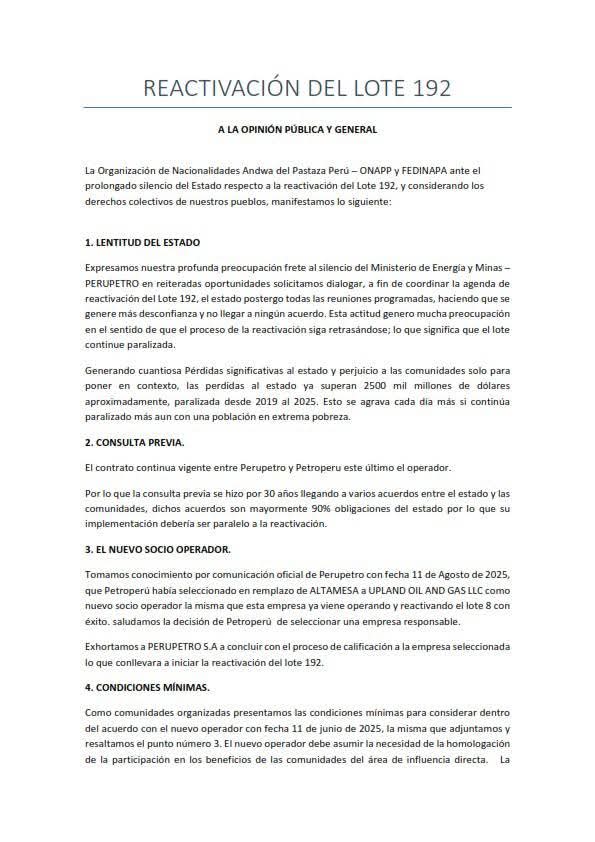 Loreto: Lote 192 seguirá paralizado si no se cumplen acuerdos con comunidades amazónicas