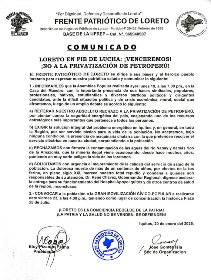 Loreto: Convocan movilización contra privatización de Petroperú