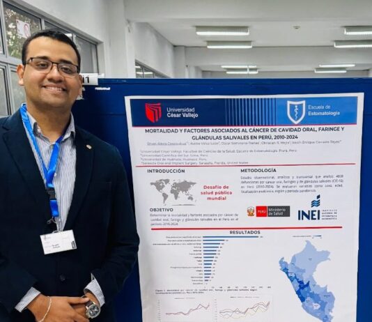 Bryan Alexis Cossio-Alva, autor principal del estudio titulado “Mortalidad y factores asociados al cáncer de cavidad oral, faringe y glándulas salivales en Perú, 2010-2024”