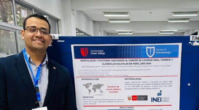 Escuela de Estomatología de la UCV Piura, obtiene primer lugar en congreso internacional de investigación odontológica Bryan Alexis Cossio-Alva, autor principal del estudio titulado “Mortalidad y factores asociados al cáncer de cavidad oral, faringe y glándulas salivales en Perú, 2010-2024”